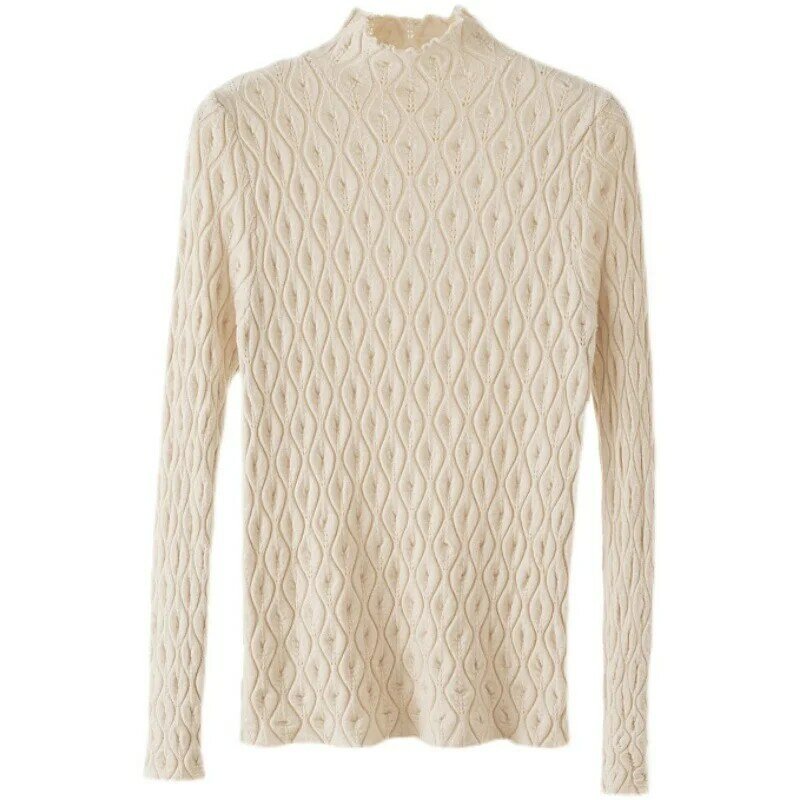 Women Mock Neck Sweater 2023 New Autumn Winter Warm Pullover Long Sleeve Hollow Hook Flower Slim Knitted Shirt Fashion Soft Top
