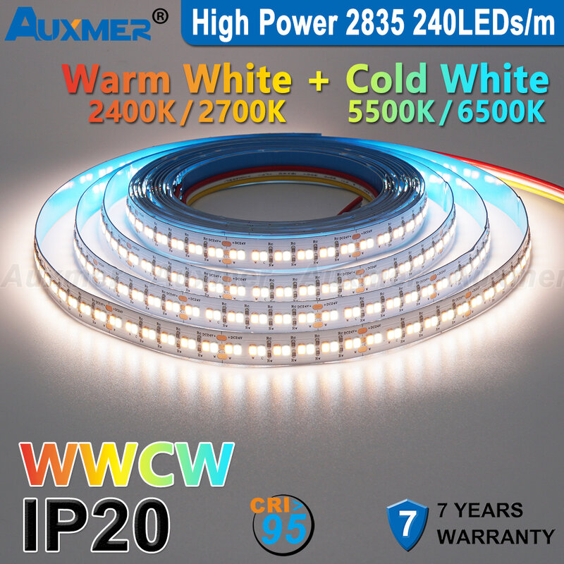 أضواء شريط مصابيح LED WWCW 2835 ، مصابيح LED 120/م 240 مصباح/م ، CRI>95 مصباح LED مرن فائق السطوع DC12/24 فولت ، 5 متر/بكرة ، CCT 2400 ~ 6500K ، IP20 ، 3SDCM