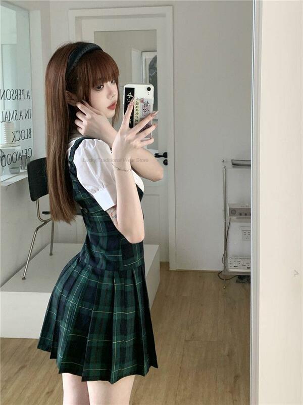 Setelan seragam sekolah Korea Jepang Jk, pakaian setelan Wanita Lengan bengkak, rok bertali, Set rok lipit suspender
