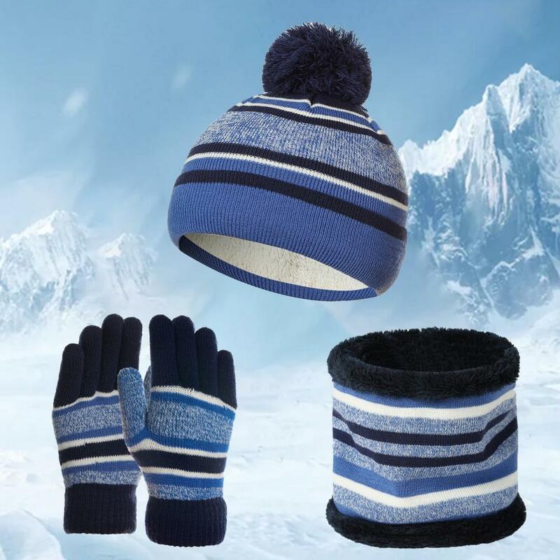 1 Set Thicken Knitting Hat Scarf Gloves Soft Stretchy Autumn Winter Stripe Knit Cap Scarf Gloves For Kids