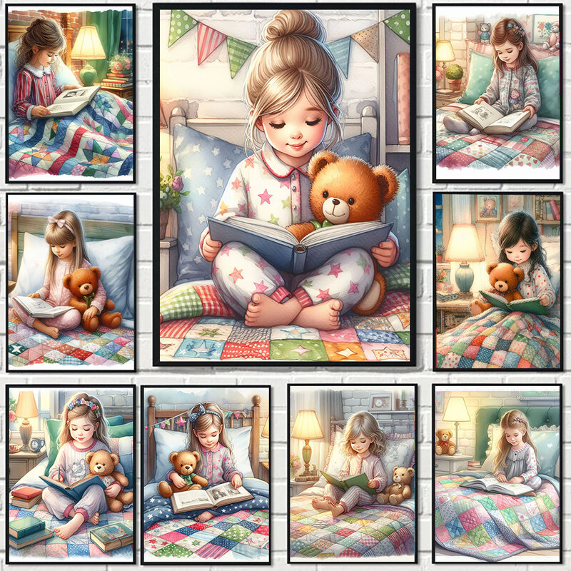 Мультяшный чтение девочка и Мишка Тедди 5D полный Круглый Алмазный Набор для рисования девочка с мишкой игрушка Сделай Сам мозаика вышивка