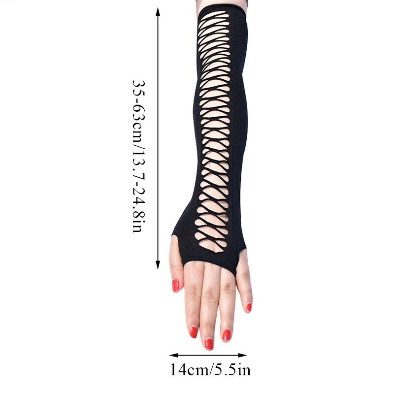 Kobiety łokieć długość Punk rękawiczki elastyczne rękawiczki bez palców rękawice z ekranem dotykowym wycinanka krzyż rękawiczki z siatki na imprezę Cosplay kostiumy