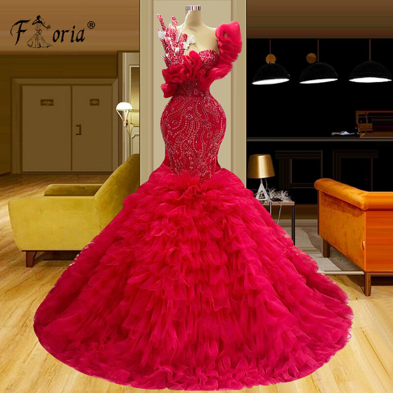 Splended vestido de novia de sirena de Dubái rojo para mujer, vestido de fiesta de noche con volantes de cuentas de un hombro, vestidos de ceremonia formales en capas de tul