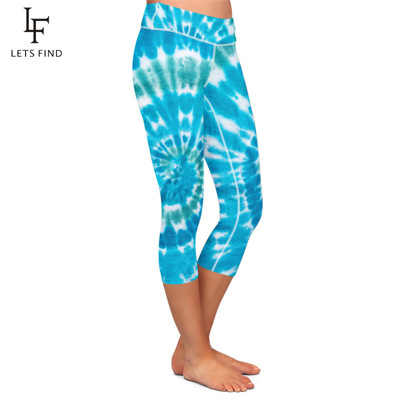 LETSFIND New Women Stretch Capri Pants Blue Tie-dye Print Leggings Fitness Casual a metà polpaccio a vita alta
