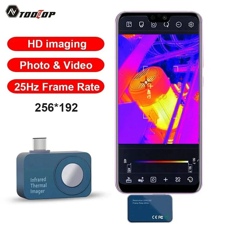 Tooltop กล้องถ่ายภาพความร้อน25Hz, T7 256*192 Android Type-C ถ่ายภาพความร้อนเคลื่อนที่สำหรับแผงโซล่าอุปกรณ์ไฟฟ้าตรวจจับความผิดพลาด