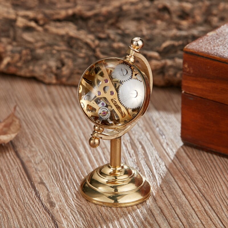 Jam tangan saku mekanis, jam tangan meja emas bola dunia berputar tembaga Retro gerakan belok tangan dekorasi mewah rumah kantor