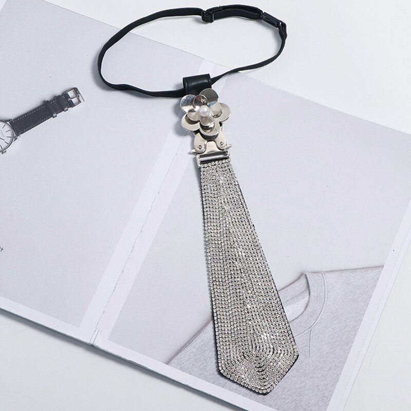 2024 New Punk Necktie for Rhinestone Necklace Tie for Teenager Girl Boy Cool Goth Hippie Neckties Electroplate Non-rust Easy