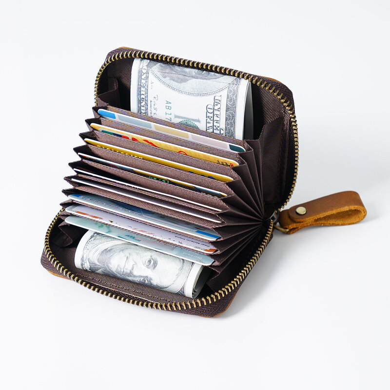 Carteira de cartão de crédito de couro genuíno para homens bolsa de moedas vintage, luxo, Crazy Horse, 11 Card Slots