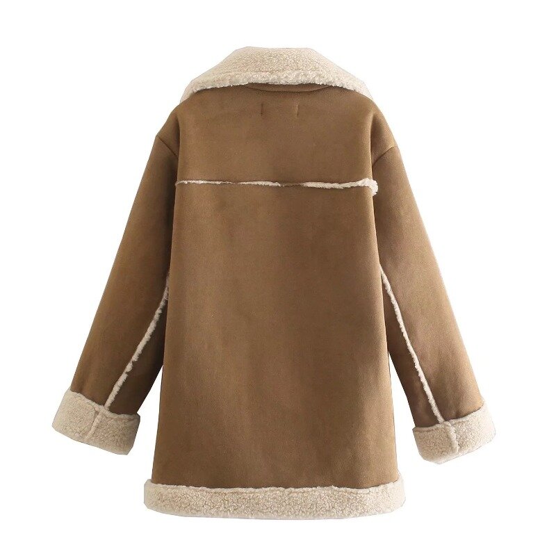 Jaqueta de pele sintética quente feminina, casaco de lã de cordeiro feminino, lapela grossa de locomotiva, outwear chique feminino, outono, inverno, 2023