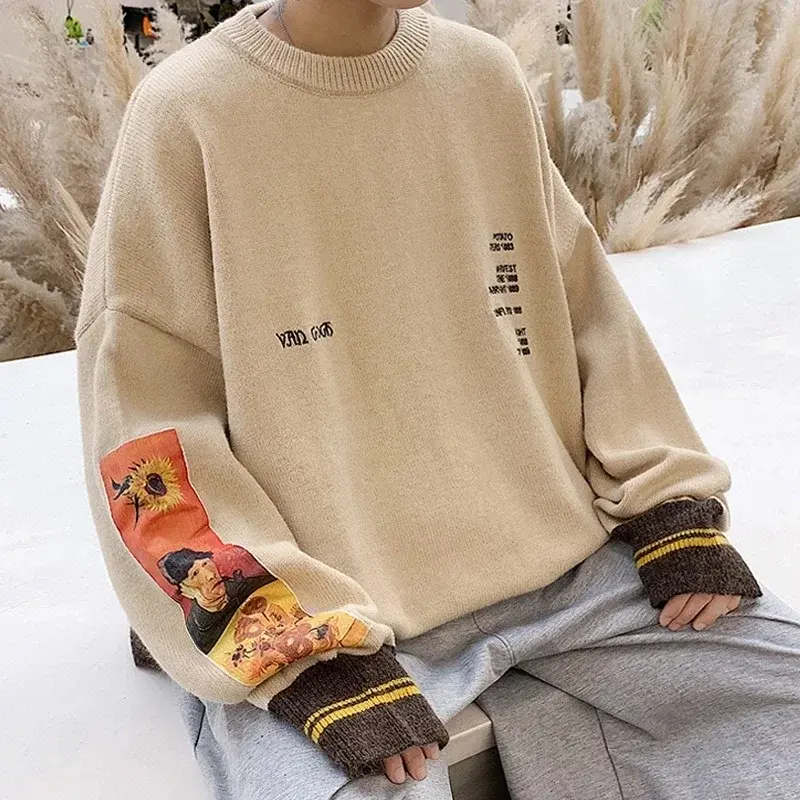 Hop Vintage Men Knitted Pullover Cotton Hip Pull Van Painting Gogh Sweater Homme 2022 Autumn Embroidery