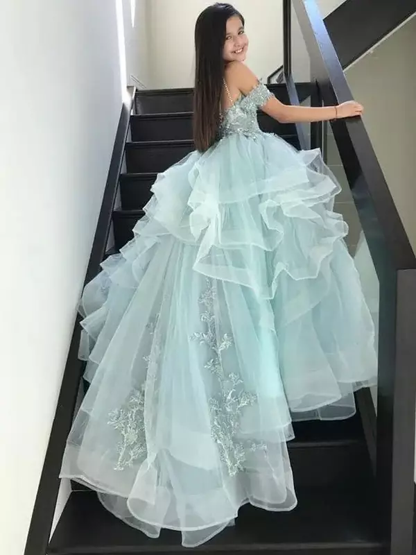 Gaun gadis bunga bahu terbuka yang indah gaun pernikahan kontes gadis Applique panjang gaun pesta ulang tahun putri Ruffles renda