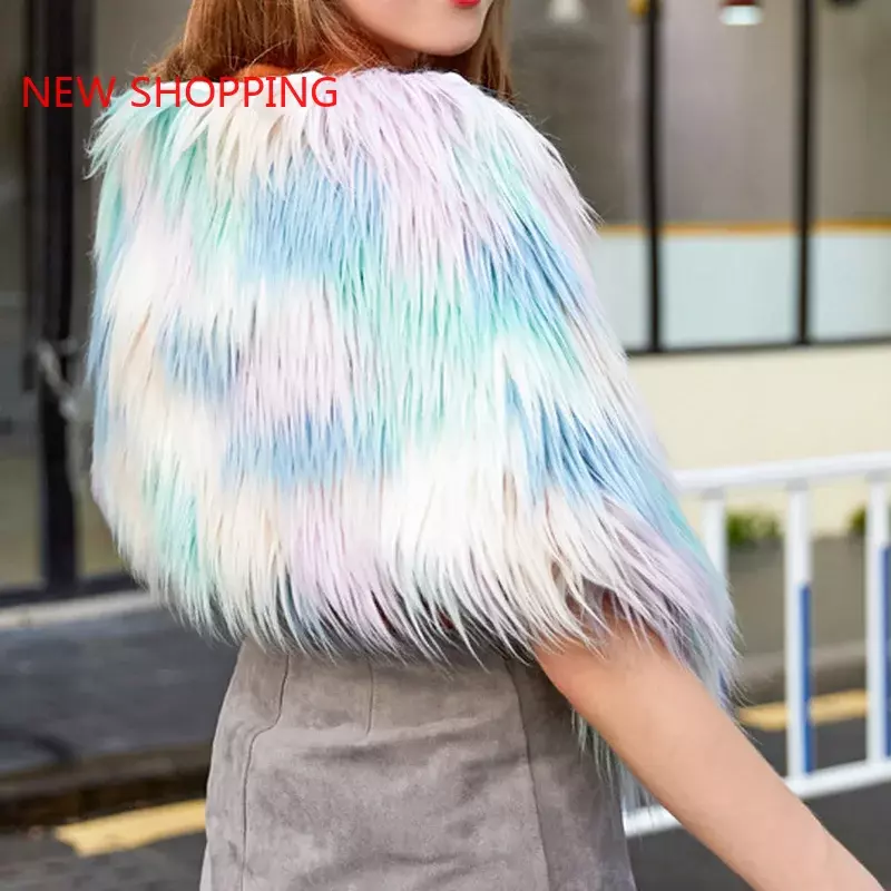 2023 Women's Winter Jacket Faux Fur High Quality Fashion Waistcoat Multicolor Hairy Natural Furry Women V-Neck Female Fur Tops