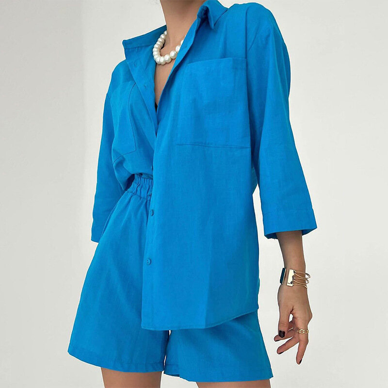 FD1299 2024 wiosna nowa damska jednolity kolor moda z lnu i bawełny w stylu Casual koszula z kieszeniami krótki dwuczęściowy zestaw