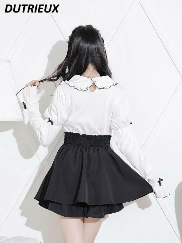 Летняя Милая Короткая юбка с высокой талией, Женская двубортная юбка-кюлоты в японском стиле шахты с оборками, мини-юбка А-силуэта