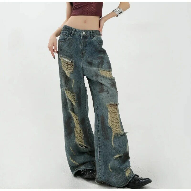 Винтажные рваные джинсы Deeptown Y2k, свободная уличная одежда, джинсовые брюки в Корейском стиле, модные широкие брюки в стиле Харадзюку