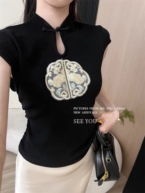 여성 플라잉 슬리브 티셔츠, 반팔 및 고급 자수, 다용도 상의, 중국 스타일, 2024, 여름 신상