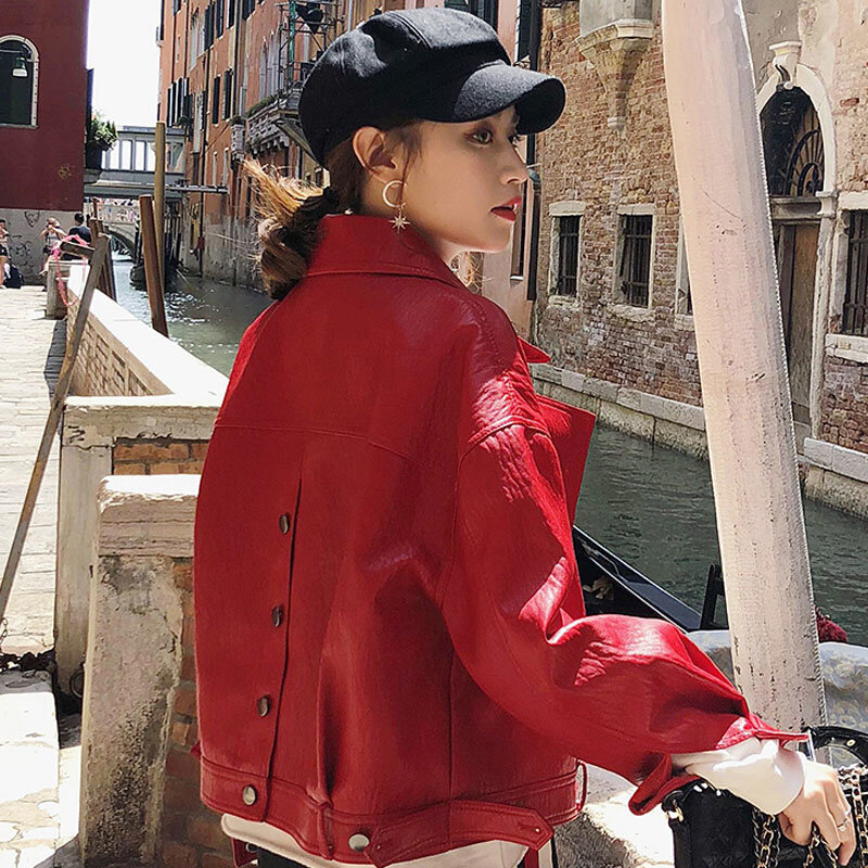 Женская короткая мотоциклетная куртка, черная или красная Свободная куртка из искусственной кожи в стиле панк, осень 2023