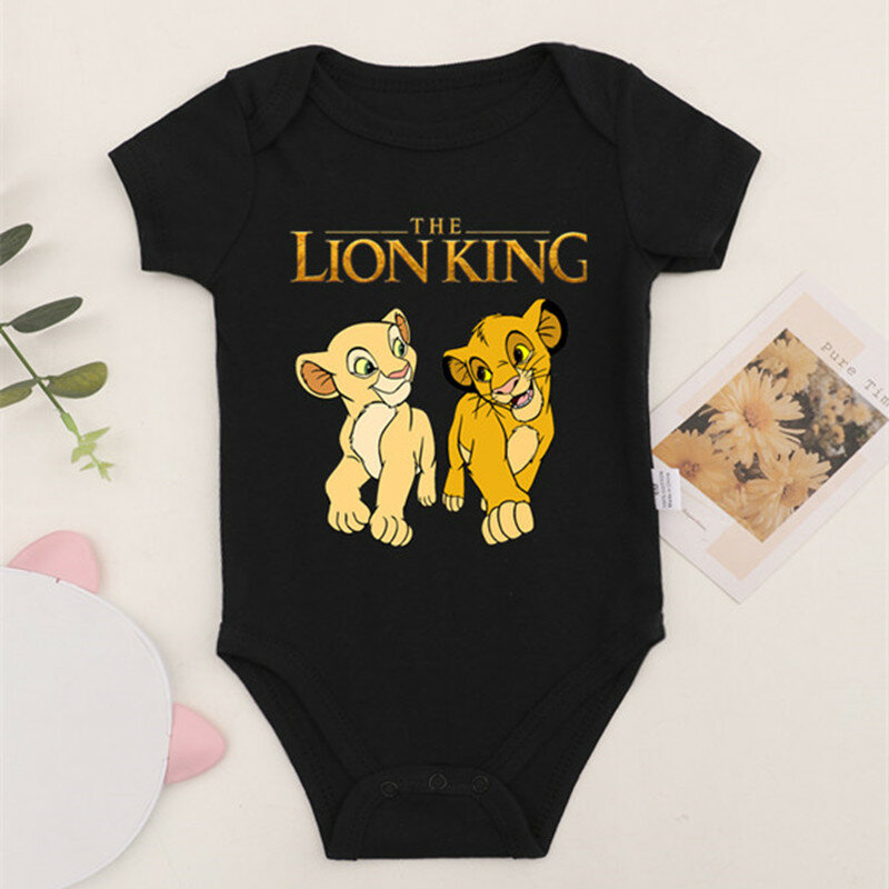 赤ちゃんの女の子と男の子のためのライオンキングシンバ漫画の服,半袖の黒い綿のボディスーツ,新生児のためのオーバーオール