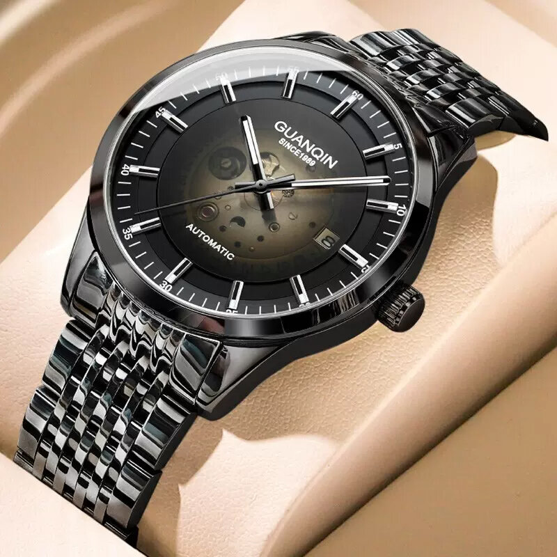 GUANQIN jam tangan pria, jam tangan pria anti air, arloji otomatis, tombol transparan, jam tangan bisnis, jam tangan mekanikal, jam 2024