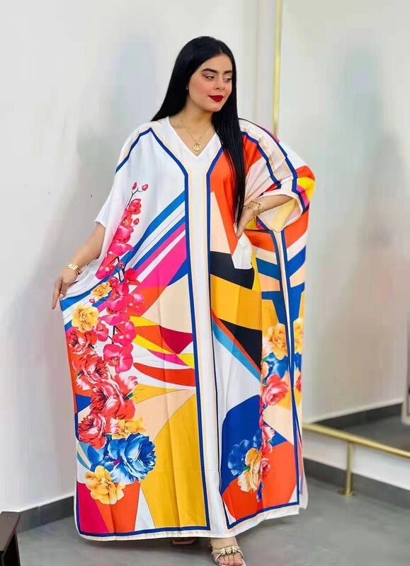 2022 African Dresses for Women Summer  African Women V-neck  Printing Plus Size Long Dress African Robes African Clothes