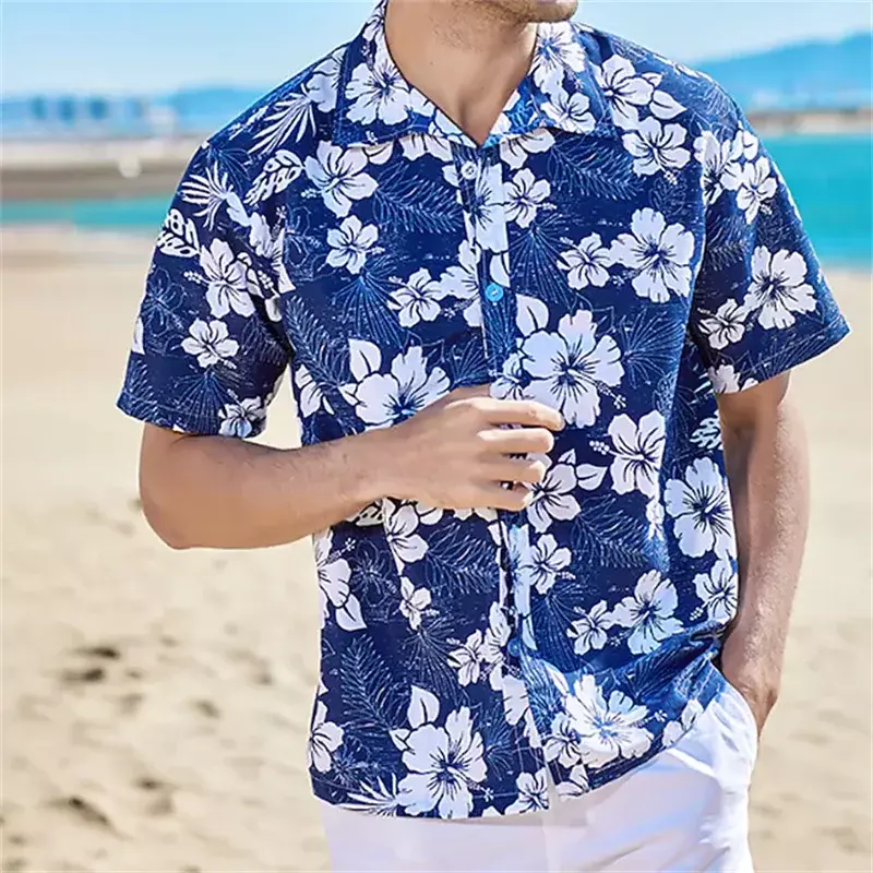 Мужская Летняя гавайская рубашка на пуговицах, голубая/белая свободная дышащая гавайская рубашка с коротким рукавом, большие размеры 5XL, 2023