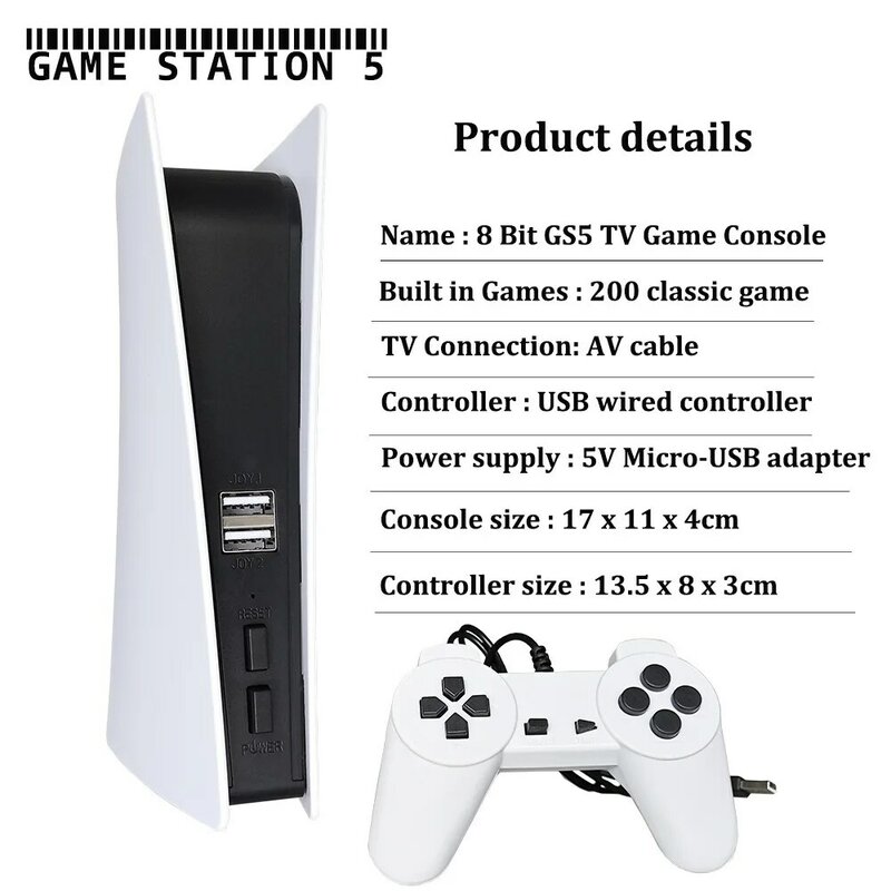 Consola de juegos and TV GS5 para niños, reproductor de juegos portátil con cable USB de 8 bits, 200 juegos clásicos, salida AV
