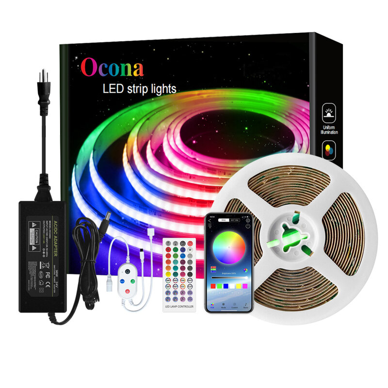 COB RGB LED Strip Light Kit, Home Decor, Telefone App Controle, Música, DIY, Fita flexível, Diodo, Compatível com Bluetooth, 8 LED, DC, 24V