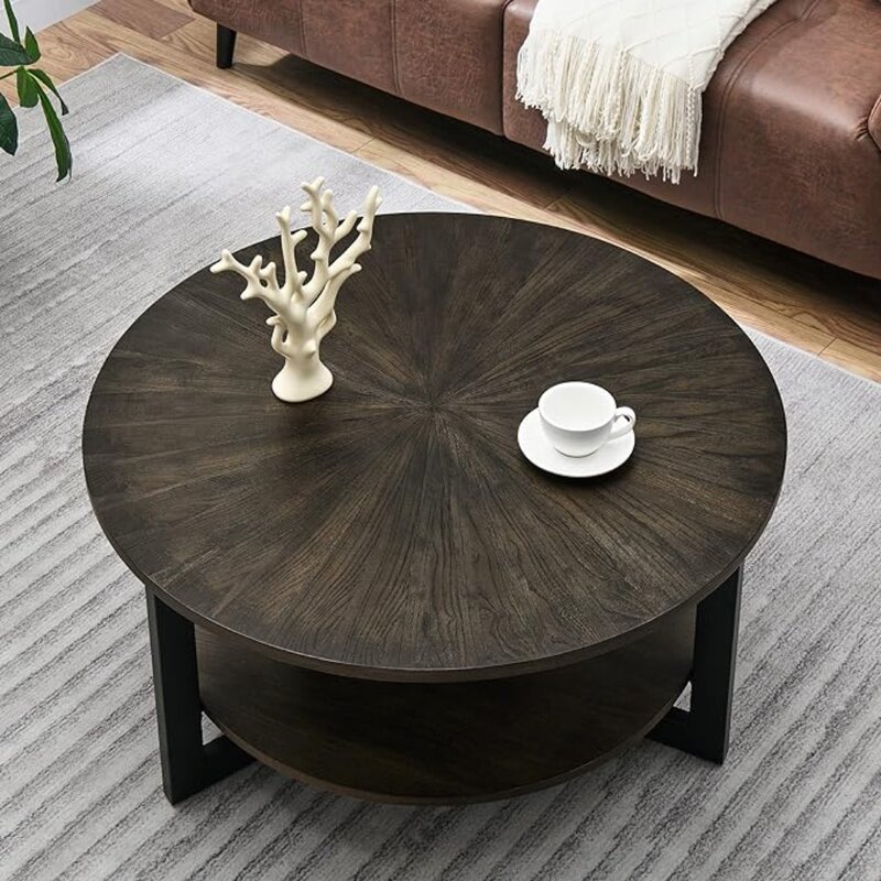 원형 원목 센터 티 테이블, 보관 선반, 금속 다리, 커피 테이블