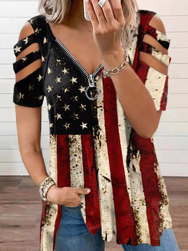 Bandeira americana estrela listrado zíper t camisa feminina verão impressão camisetas gráficas topos retro manga curta topo moda mais tamanho