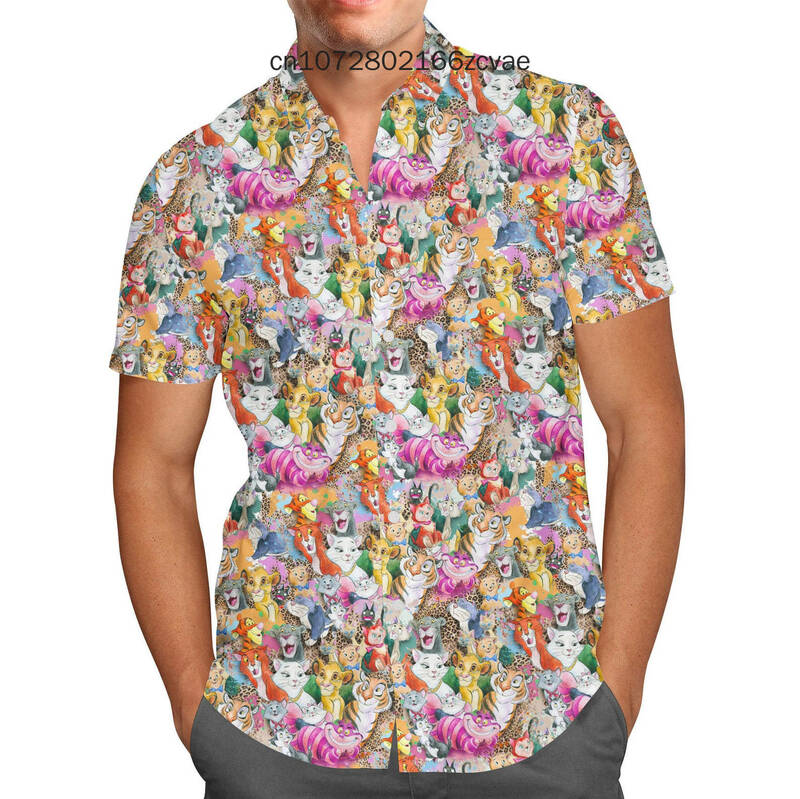 Гавайская рубашка с розовым бантом «Мари с ее», гавайская рубашка Disney, Мужская модная рубашка на пуговицах с коротким рукавом, гавайская рубашка с Мари-кошкой