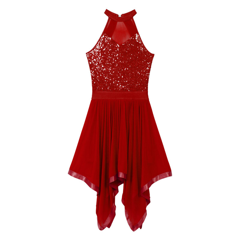 Tiaobug – robe de danse à paillettes brillantes pour femmes, dos nu, ourlet asymétrique, en maille, Costume de Performance LyricalDance