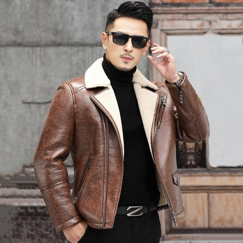 Inverno jaqueta de couro masculino natural ovelha compartilhando pele em um casaco de pele homem roupas engrossar quente shearling casaco chaquetas b379