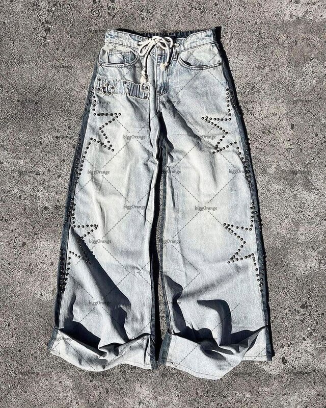 2023 American New Style Star Hot Diamond Jeans Men's Y2K High Street Fashion Brand Retro Trousers Casual Loose Wide-leg Pants