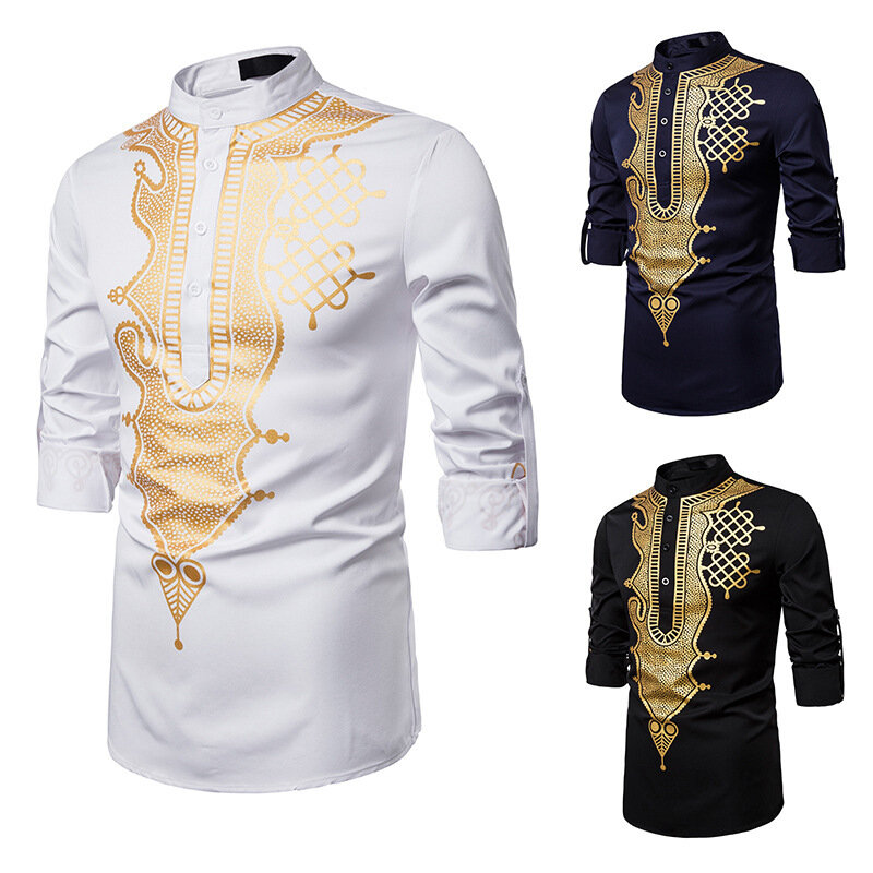 เสื้อเชิ๊ตผู้ชายมุสลิมเสื้อพิมพ์ลายสีตั้งได้เสื้อแขนยาวพิมพ์ลายประจำชาติเสื้อฮิปฮอปแนวสตรีท