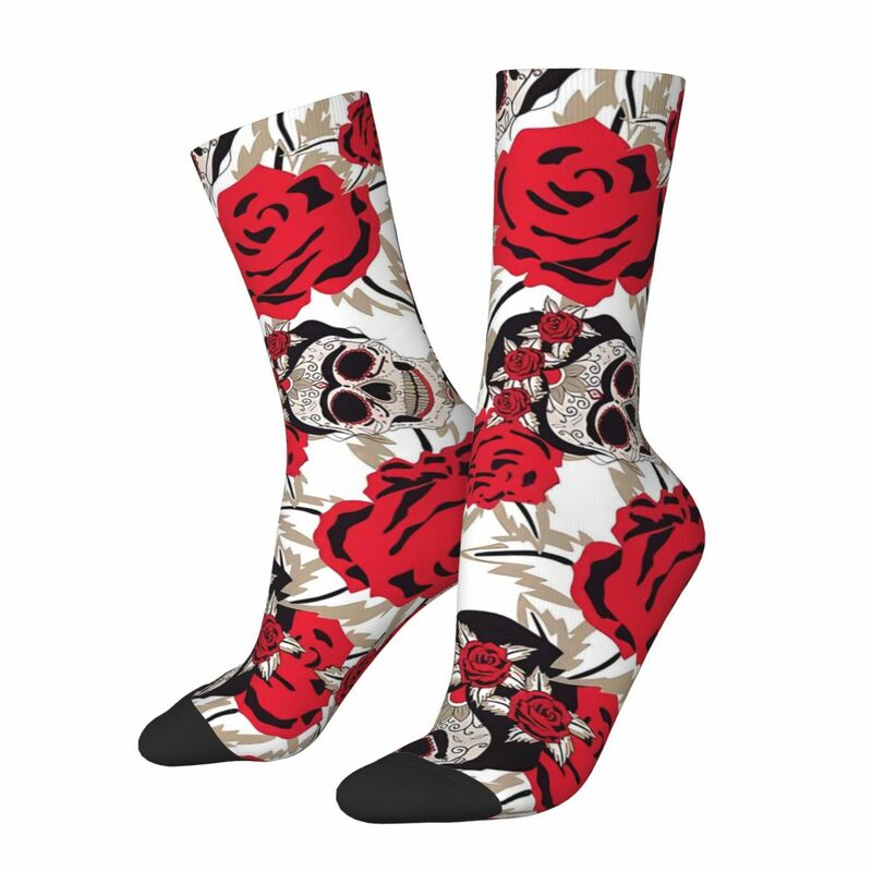 Kaus kaki gila lucu untuk pria tengkorak gula dan pola mawar Hip Hop antik pola tanpa jejak dicetak kaus kaki kru anak laki-laki hadiah baru