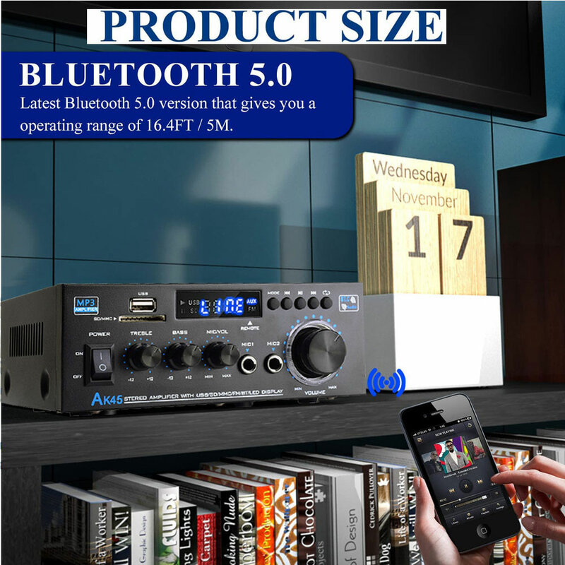 Woopker 가정용 차량용 하이파이 디지털 앰프, 블루투스 MP3 채널, 2.0 사운드 앰프 지지대, AK45, 90V-240V, 최대 400W * 2