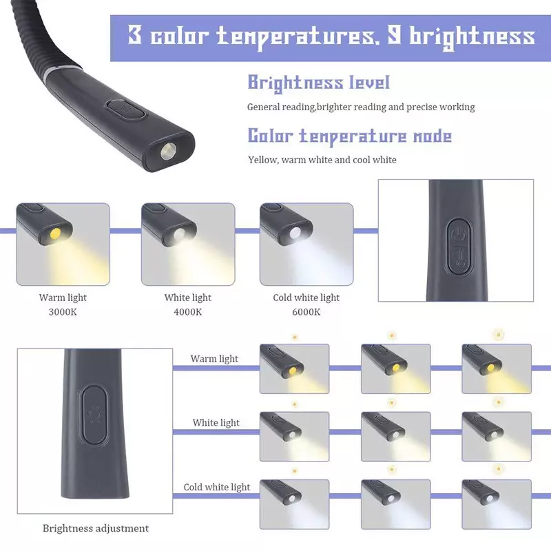 Hals Lese lampe USB wiederauf ladbare tragbare Freis prec heinrich tung flexible Buch Lichter 3 Farben Helligkeit stufenlos Dimmen Taschenlampe