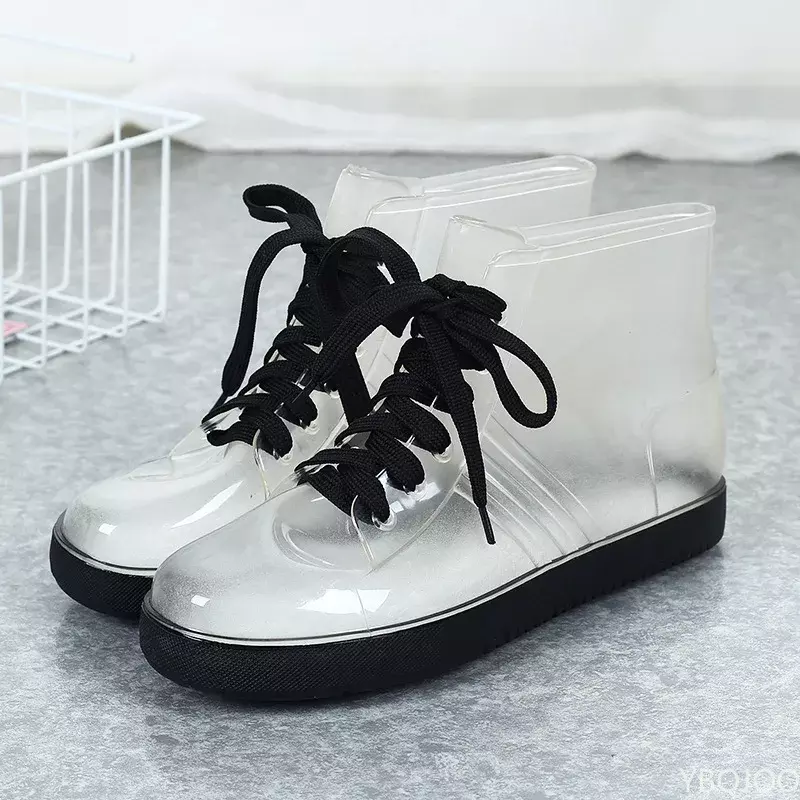 Moda transparente chuva botas femininas tiras de plástico estudante sapatos de água casuais flat antiderrapante impermeável all-match botas de água