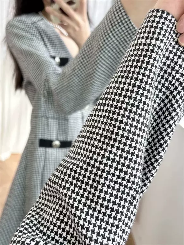 Женское Плиссированное Платье из твида, однобортное винтажное платье мини с V-образным вырезом и длинным рукавом, весна 2024