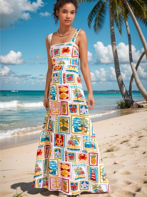 Stampa Casual senza maniche lungo Maxi abito Vintage cinghie Slip abiti moda femminile elegante Vestido Beach Holiday Women New Party