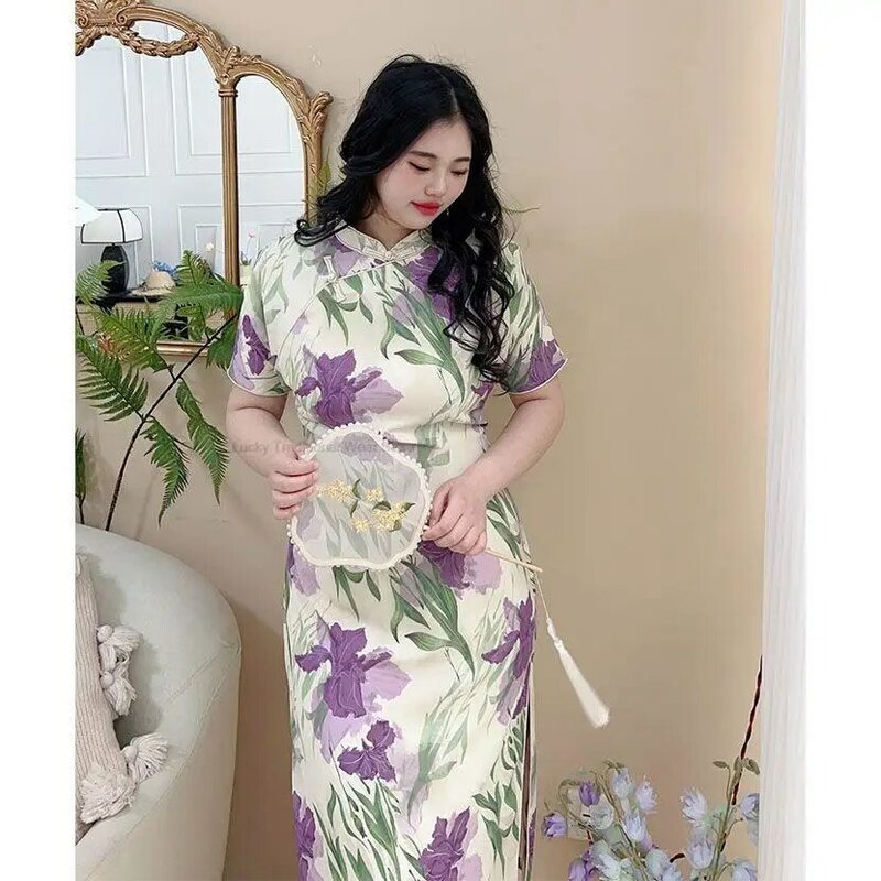 Chinês Tradicional Qipao Hanfu Vestido Mulheres Elegante Festa Senhora Do Vintage Cheongsam Oriental Folral Solto Melhorado 4XL Qipao Vestido