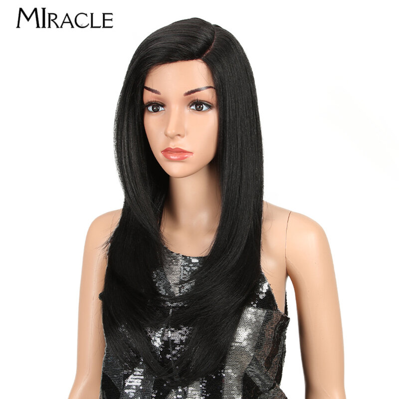 MIRACLE Wig renda lurus panjang, Wig renda sintetik bagian samping 24 inci untuk wanita warna hitam Ombre merah muda tahan panas