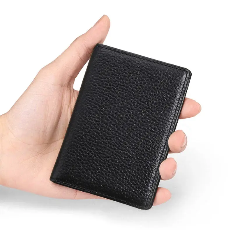 2024 dompet kartu kecil lipat RFID pria, dompet kulit asli ramping warna polos, tempat kartu ID, dompet kartu kredit untuk pria
