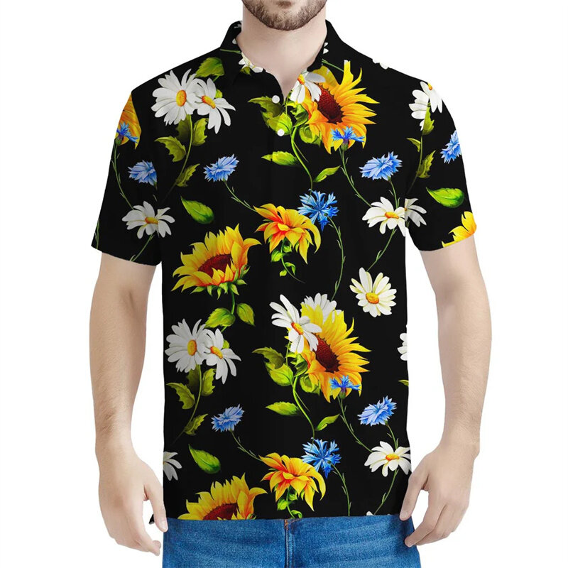 Polo Vintage con stampa 3D girasole per uomo t-Shirt con risvolto Streetwear a maniche corte con grafica floreale t-Shirt con bottoni estivi da donna