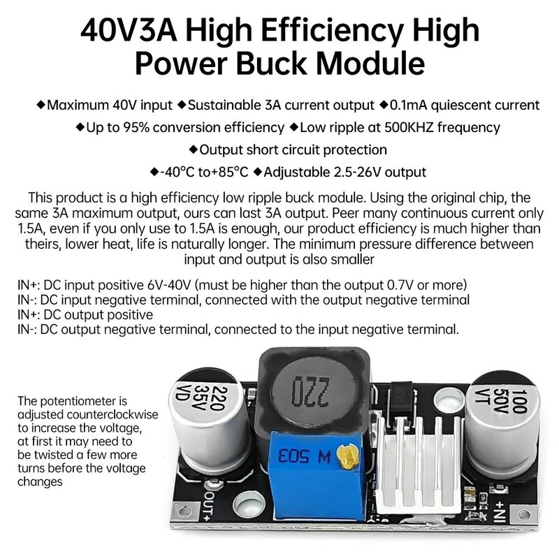 Módulo de fuente de alimentación reductor ajustable, DC-DC de 6-40V a 3,3 V/5V/9V/12V/24V, 2,5-26V, 3A