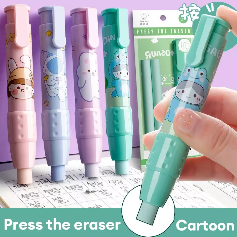 Pressing Cartoon Pencil Eraser Pen Type Cute Eraser Replaceable Rubber Core School Student Rubber Eraser Kid Gifts Office Eraser