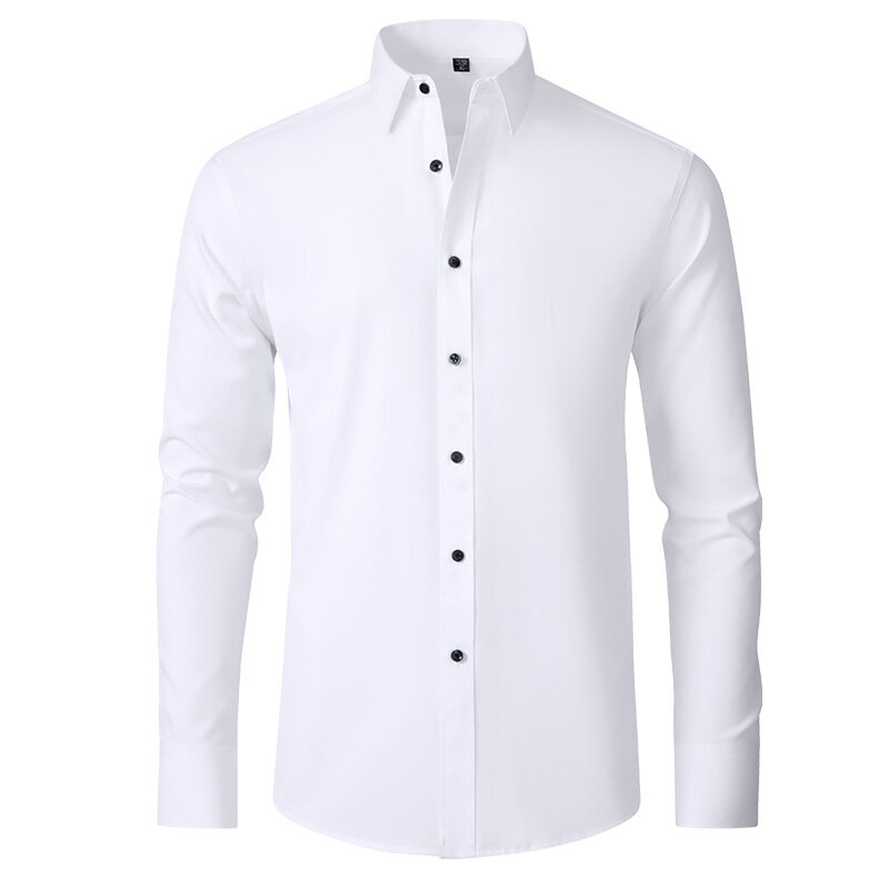 Plus 6XL męskie koszulka socjalna nowe jesienne wiosenne strój biznesowy koszule nieżelazne, solidne pionowe czarne dopasowane elastyczne ubrania