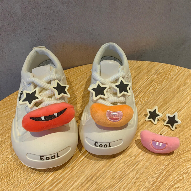 Cute Cartoon Plush Shoes for Children, Flower Shoe Buckles, Star Eyes, Brincalhão de boca grande, Decoração de sapatos infantis