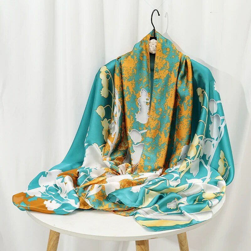 Sciarpa primaverile sciarpa floreale di lusso da donna sciarpa geometrica di seta stole fascia musulmana scialle fazzoletto da collo Foulard 90x180cm