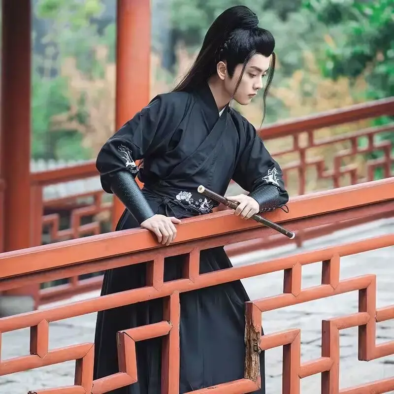 Hanfu kostum Cosplay tradisional Cina pria, set rok + baju Hanfu kuno hitam & merah ukuran besar 4XL